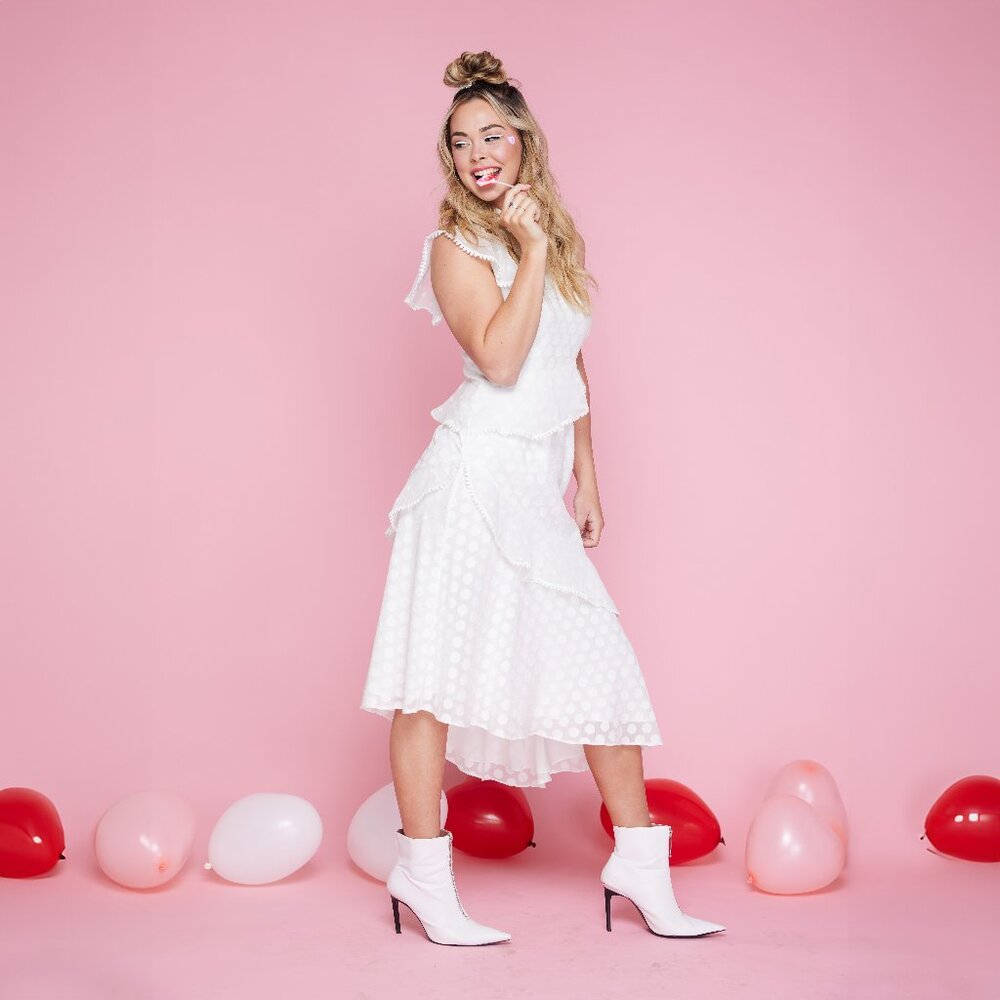 Keepsake See You Know White Polkadot Midi Dress Sz. M